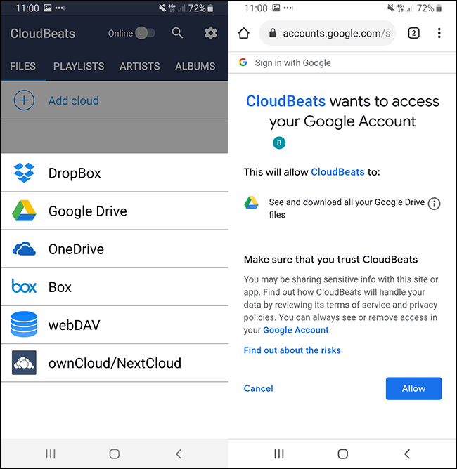 Autorização do Google Drive do aplicativo de música Android Cloudbeats