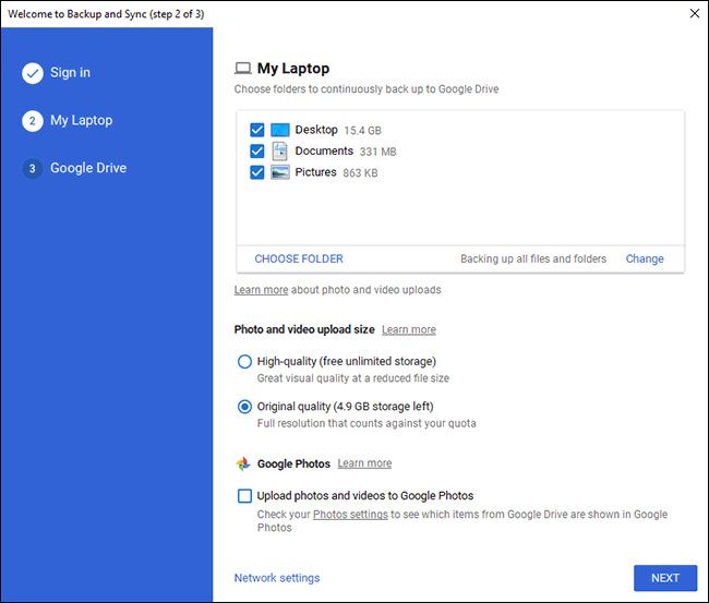 Tela de escolha de pasta para PC de backup do Google Drive