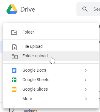 Opções de upload de arquivo ou pasta da web do Google Drive