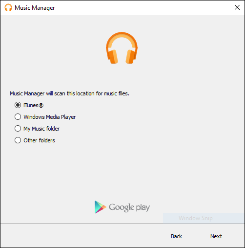Tela de configuração de pré-digitalização do Gerenciador de Música do Google Play