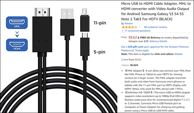 Uma lista de cabos HDMI MHL na Amazon.