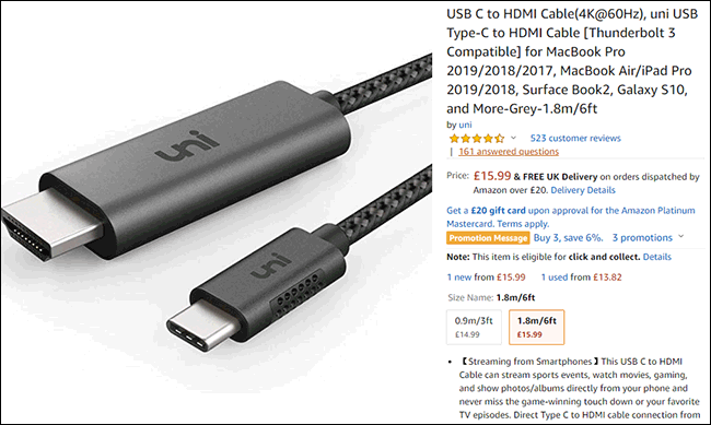 Uma lista de cabos USB-C para HDMI na Amazon.