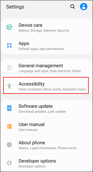 No menu de configurações do Android, toque em Acessibilidade