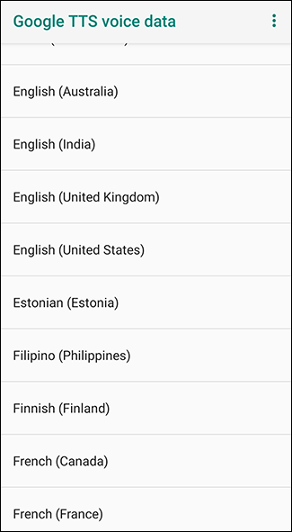 No menu de dados de voz do Google TTS, toque no idioma escolhido