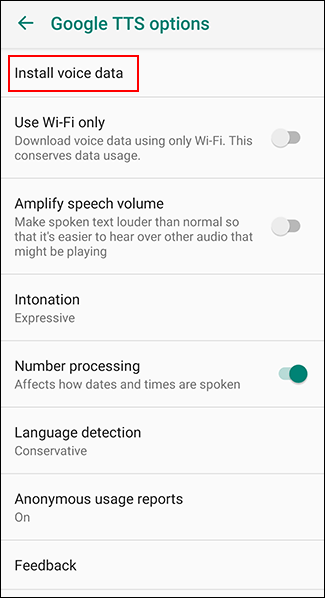 Toque em Instalar dados de voz no menu de opções do Google TTS