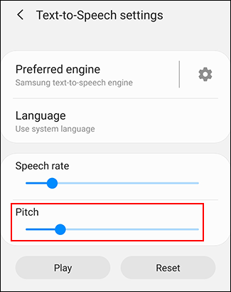 Mova o controle deslizante de pitch para modificar sua taxa de pitch TTS