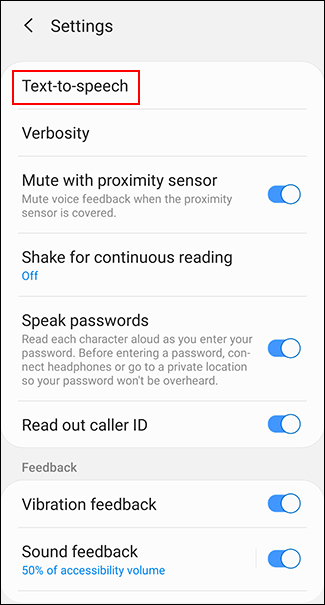Toque em Text-to-speech ou Text-to-speech Output, dependendo do seu dispositivo Android
