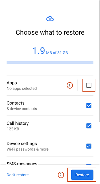 Toque na caixa de seleção Aplicativos e em Restaurar