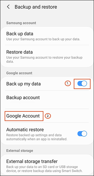 Alterne Fazer backup dos meus dados e toque em Conta do Google