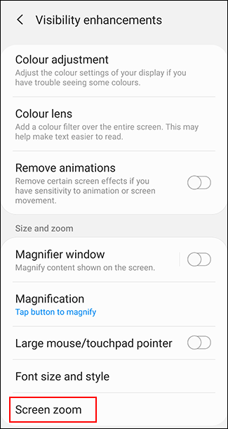 Toque em Zoom da tela no menu Android Visibility Enhancements