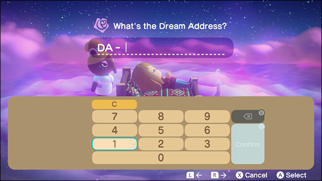 O menu de entrada "Qual é o endereço dos sonhos" em Animal Crossing: New Horizons. 