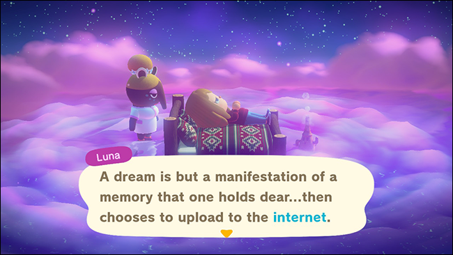 Luna aparecendo ao lado de um personagem adormecido em "Animal Crossing: New Horizons".