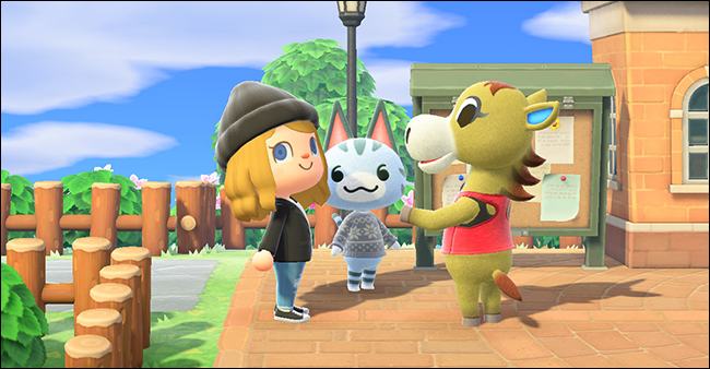 Três personagens em "Animal Crossing: New Horizons".