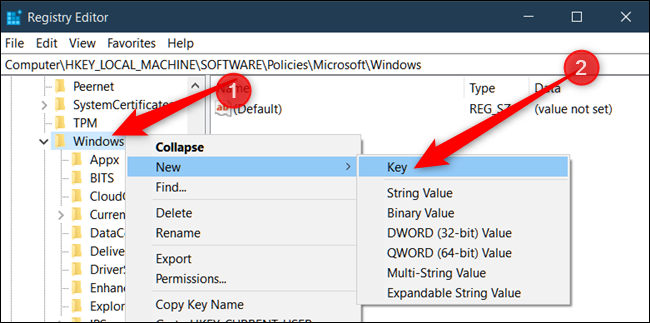 Clique com o botão direito na chave do Windows, selecione Novo> Chave e nomeie-a Sistema