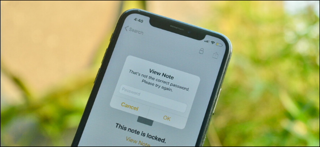 Apple Notes mostrando que a senha é um prompt incorreto para uma nota bloqueada