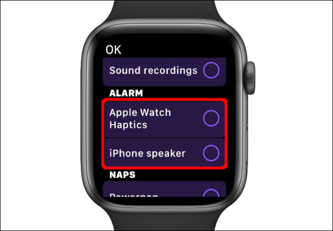 Selecione Alarme "Apple Watch Haptics" ou "iPhone Speaker".