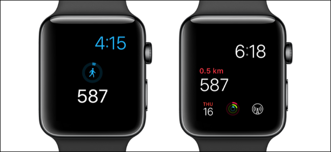 Dois Apple Watches mostrando contagens de passos nos mostradores do relógio.