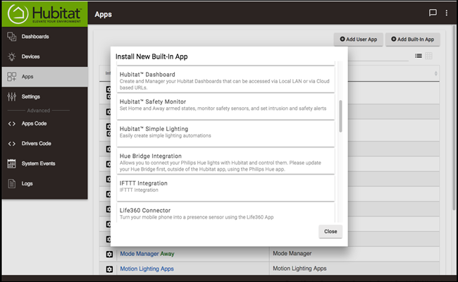 Configurações do Hubitat Apps