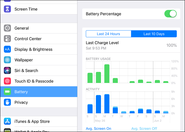 Tela da bateria do iOS em Configurações