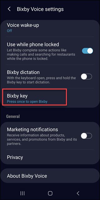 As configurações de Bixby com a opção de chave Bixby destacam.