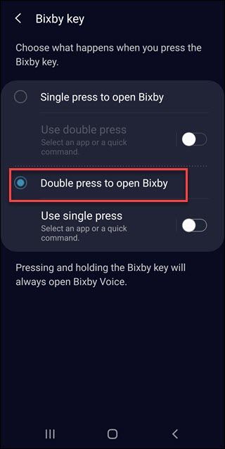 Configurações da tecla Bixby com Pressione duas vezes para abrir a chamada Bixby.