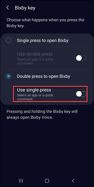Configurações da tecla Bixby com uso de chamada de um único toque.