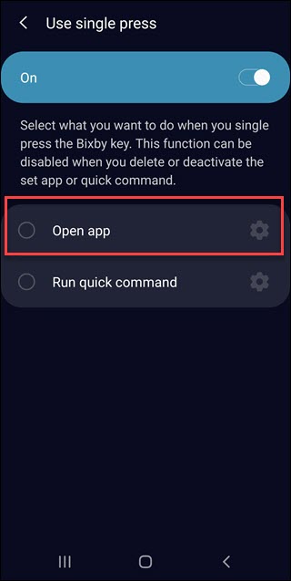 Configurações de pressionamento único de Bixby com chamada de aplicativo aberta.