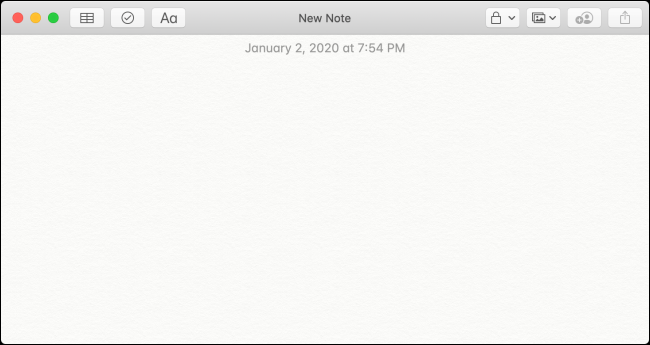 Uma "Nova Nota" em branco no aplicativo Notas.