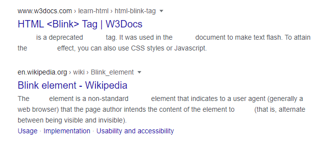 Um GIF animado mostrando a tag <Blink> piscando nos resultados de pesquisa do Google.