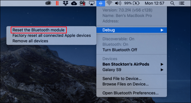 Clique em "Redefinir o módulo Bluetooth" no menu Debug.