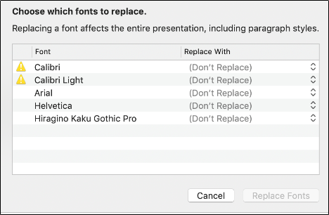 Uma caixa de diálogo de substituição de fonte no Keynote.