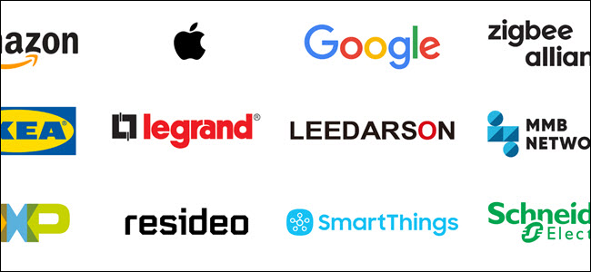 Logos da Amazon, Apple, Google, ZigBee, IKEA e muito mais.