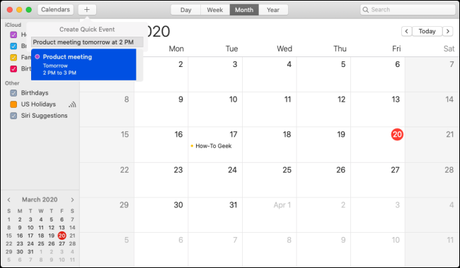 A opção "Criar evento rápido" no aplicativo "Calendário".