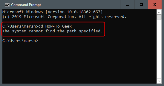 Mensagem de erro "O sistema não consegue encontrar o caminho especificado" no prompt de comando.