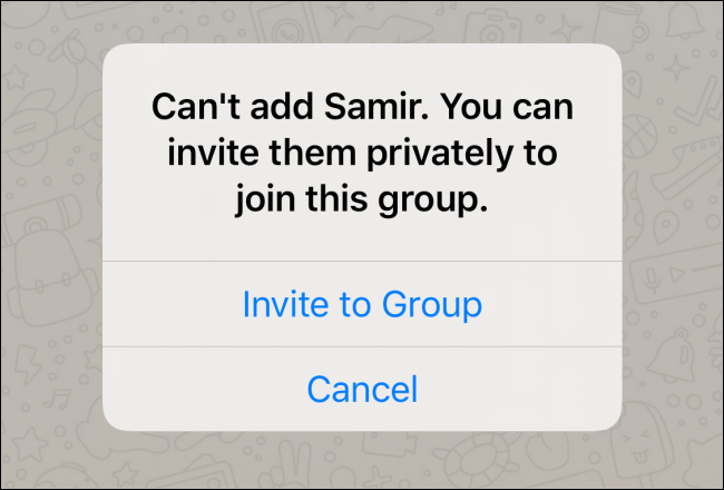 Não é possível adicionar alguém ao grupo WhatsApp; em vez disso, envie um convite