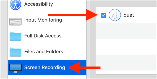 Clique em “Gravação de tela” e clique para marcar a caixa ao lado de “Dueto”.