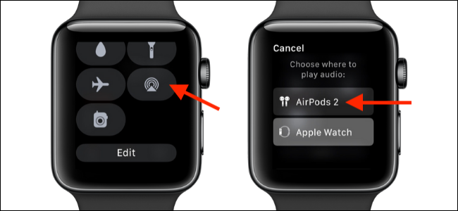 Escolha a opção AirPlay no Apple Watch para mudar para AirPods
