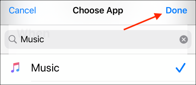 Escolha o aplicativo de música e toque em Concluído