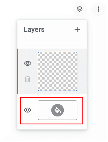 Para alterar a cor da tela no Google Chrome Canvas, clique no menu de camadas no canto superior direito e clique no ícone do balde de tinta