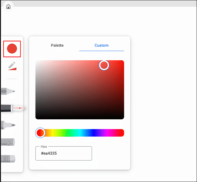 A ferramenta de seleção de cores de desenho no Google Chrome Canvas, com opções exibidas