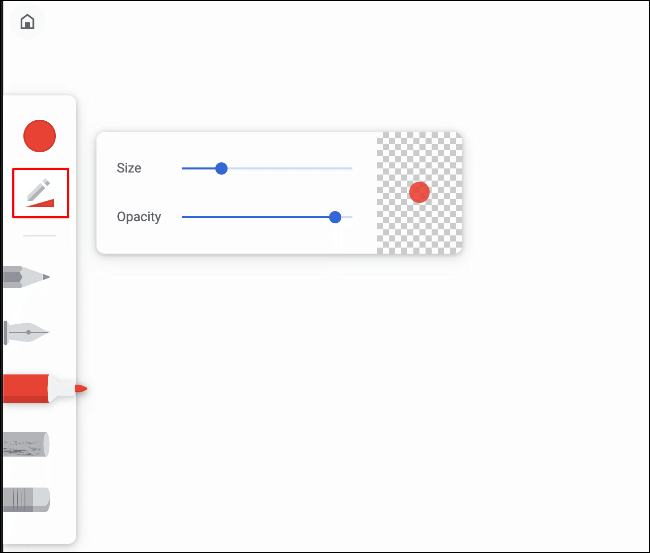 Clique no ícone abaixo do ícone circular no menu de ferramentas de desenho no Google Chrome Canvas para alterar o tamanho e a opacidade da ferramenta
