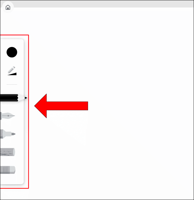 O menu de ferramentas de desenho no Google Chrome Canvas