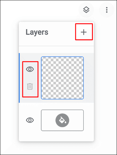 O menu Camadas no Google Chrome Canvas com opções para adicionar, excluir ou ocultar camadas