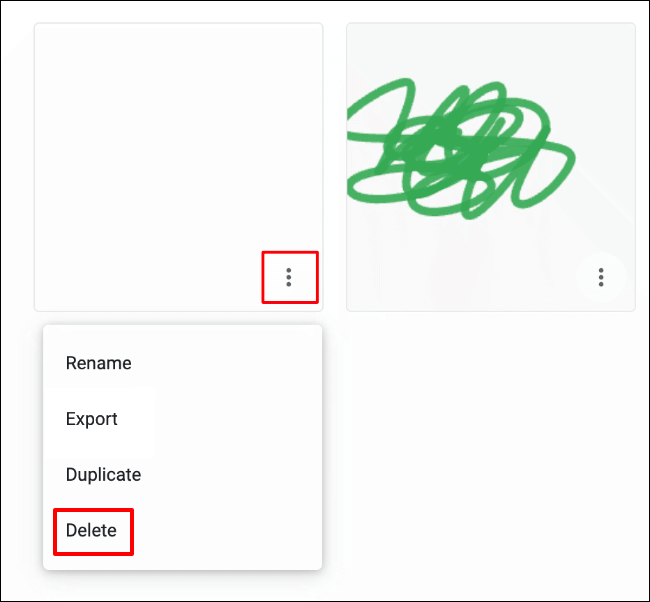 Para excluir um desenho da tela do Google Chrome, clique no ícone do botão de hambúrguer na miniatura do desenho na tela de seleção e clique em Excluir