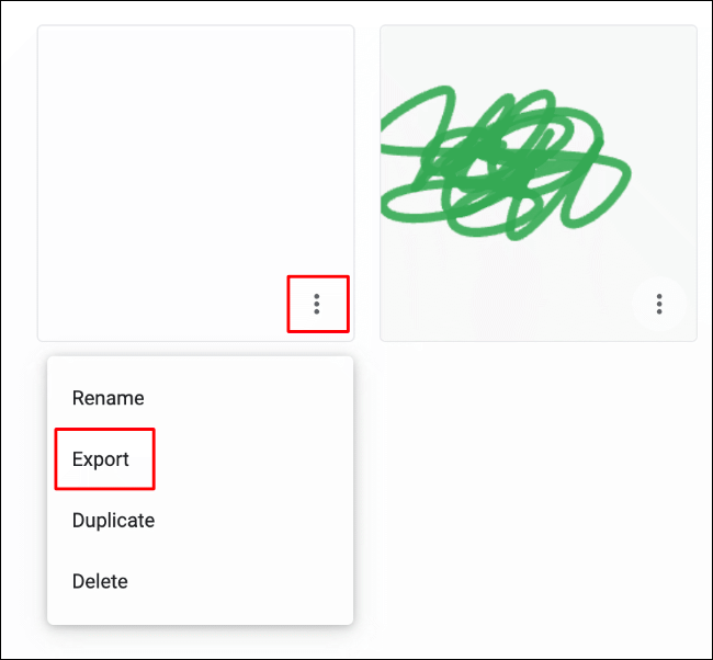 Para exportar o desenho da tela do Google Chrome para fora da tela de edição, clique no ícone de hambúrguer do desenho e em Exportar