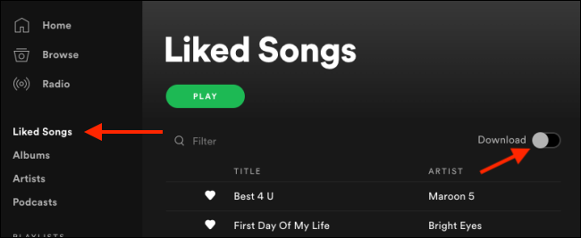 Clique em alternar ao lado de Download para baixar músicas de que gostou off-line