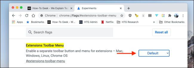 Clique no menu suspenso ao lado do menu de extensões em sinalizadores do Chrome
