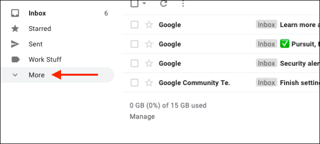 Clique em Mais para expandir todos os rótulos do Gmail