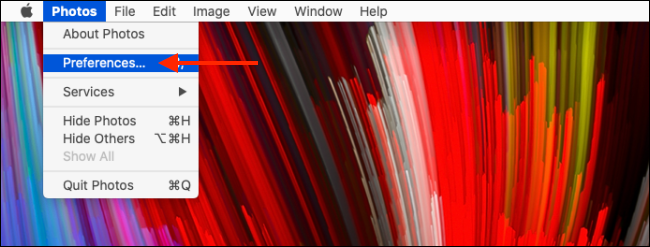Clique em Preferências no aplicativo Fotos na barra de menus