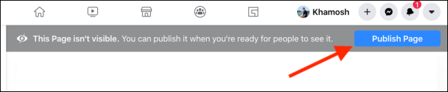 Clique em Publicar página para reexibir sua página do Facebook